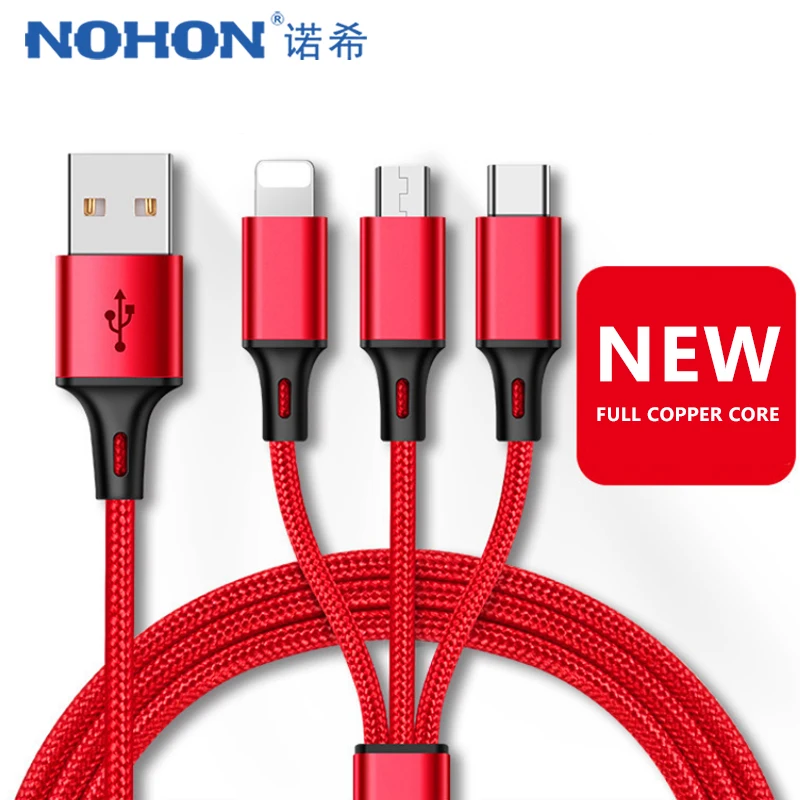 NOHON нейлон зарядка через usb кабель 3 в 1 для iPhone 7 8 X XS MAX XR микро Тип usb C Android телефона зарядки Кабели для Samsung Xiaomi
