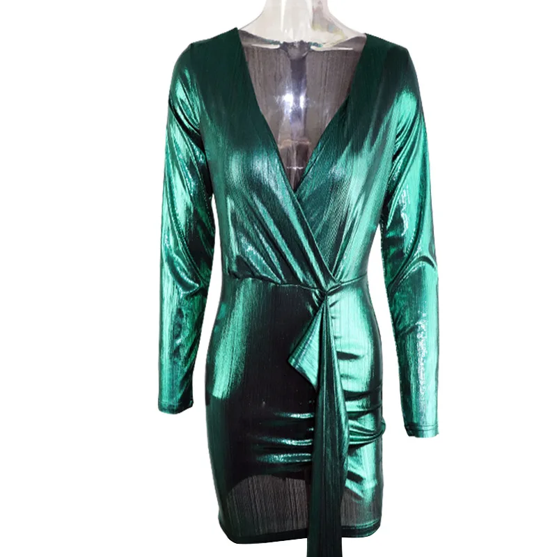 VI551Green Women Deep V-Neck Bandage Dresses Bodycon Long Sleeve Evening Party Club Short Dress - Цвет: VI551Green