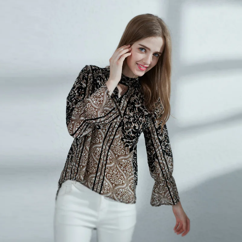 new 2019 Women's Chiffon Shirt Europe and the United States Printed Loose Long Sleeves Spring New Casual Ladies |