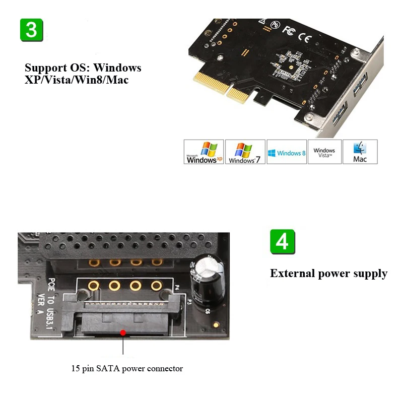PCI E X4 к двойной USB3.1 тип A карта расширения с 15 Pin SATA питания 10 Гбит/с адаптер ASM1142 чип