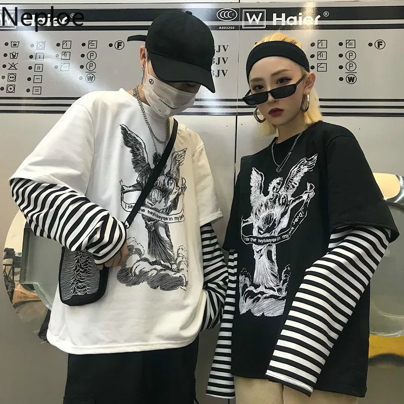 Neploe Harajuku футболка с длинным рукавом Женская принт в стиле пэчворк полоску О