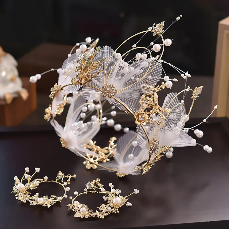 Crown and Earriings Корейский Полный Круглый Корона Свадебные аксессуары для волос свадебный орнамент круг Тиара для невесты украшения головы диадема головной убор диадема - Окраска металла: Crown and Earriings