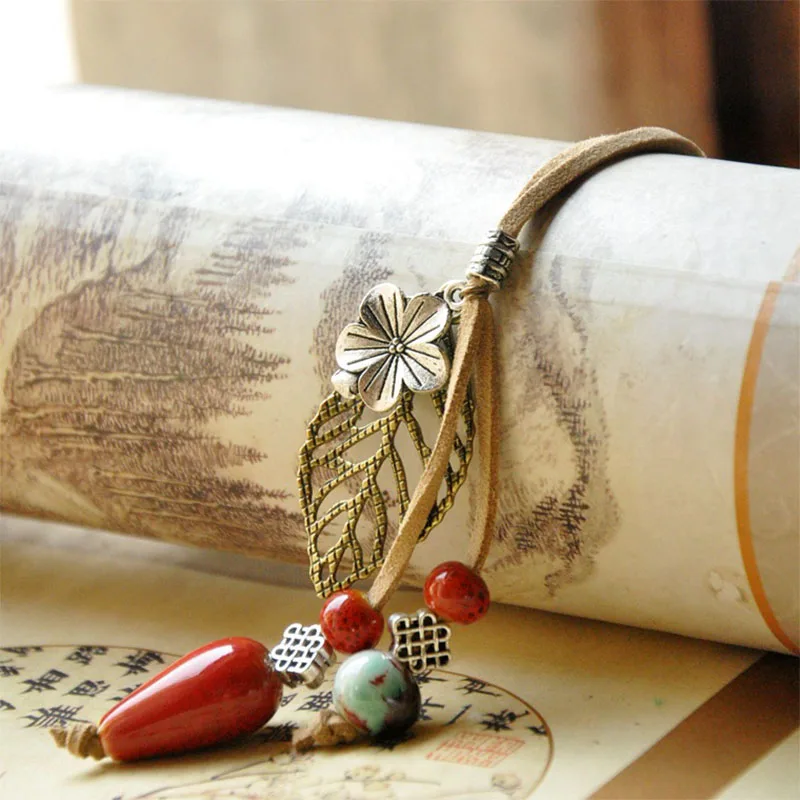 

Women Leather Necklaces Ceramic Beads Water Drop Pendants Long Tassel Flower Hollow Leaf Leaves Charm Sweater Chain Jewelry
