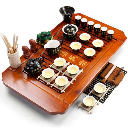 

Chinese tea tray set GaiWan Teapot Teacup purple sand tea set ceramic solid wood tea table home Gift preferred
