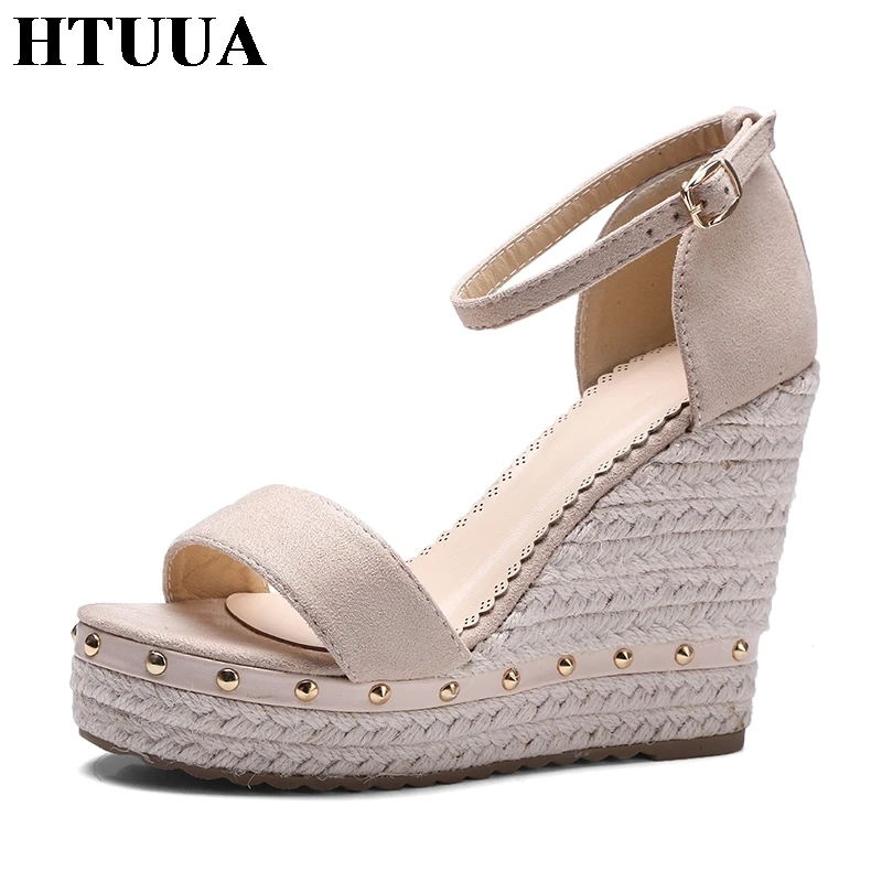 HTUUA 2018 New Women Sandals Summer Wedges Platform Shoes Rivet Fashion Ankle Strap Buckle 11CM High Heels Ladies SX1045 | Обувь
