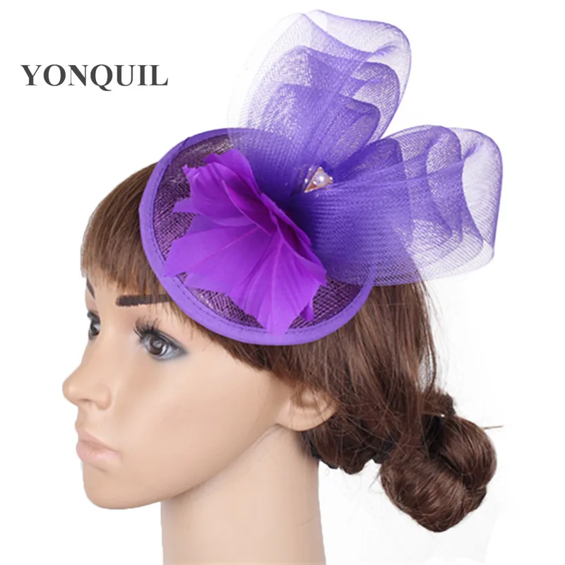 

Fashion New Fancy Feather Flower Headwear Bridal Formal Wedding Fascinator Purple Hat On Hair Clip Design Ladies Race Headpiece