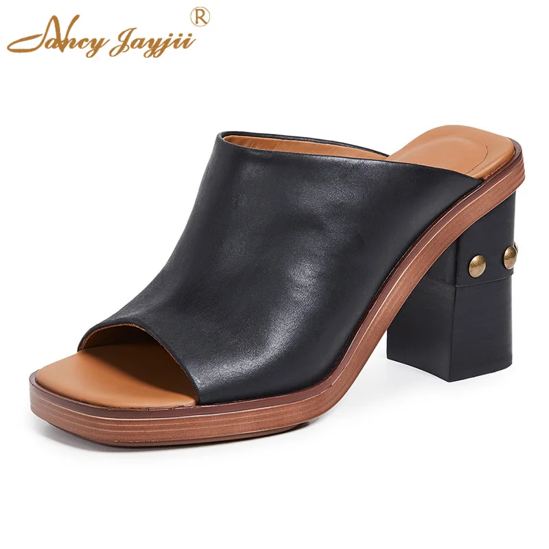 

Black Brown Nude Mules Peep Toe Chunky Heels Slides Rivet Slippers Platform French Fashion Women Shoes Summer 2022 Plus Size 16