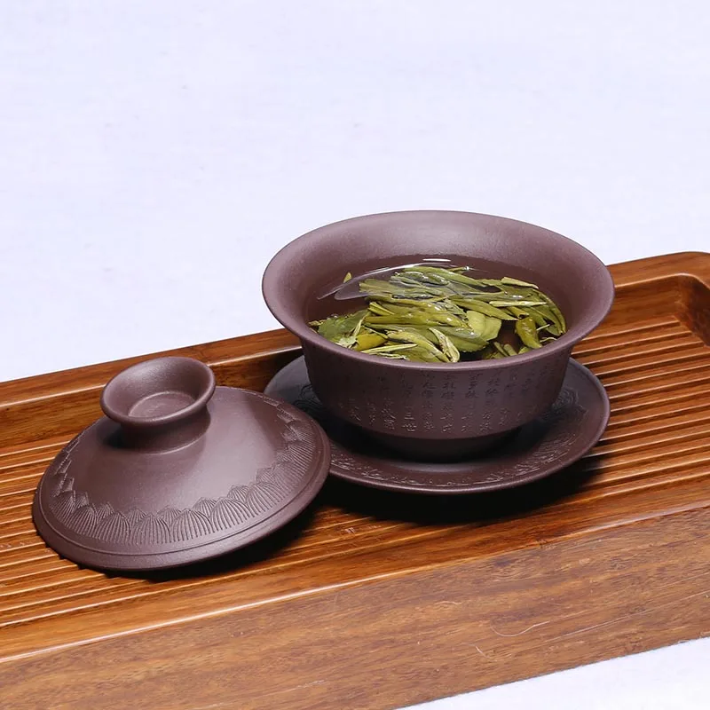 100 мл Исин фиолетовая глина Gaiwan сердце Сутра натуральный Zisha винтажная чайная супница с крышкой блюдце Комплект Посуда для напитков Чайная Посуда Украшение