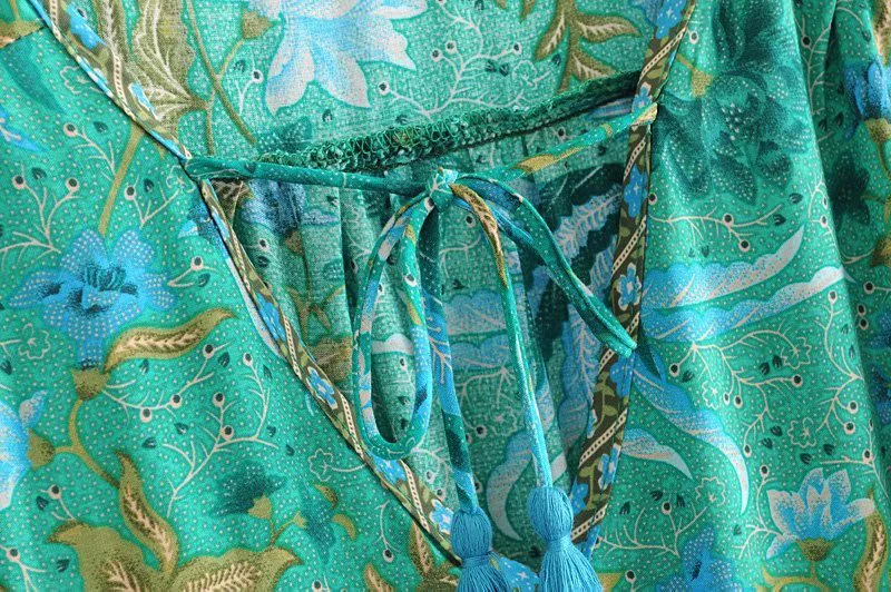 TEELYNN mini dresses for women flare sleeve Malachite green BOHO Dresses rayon ILONA Forest floral print summer Dresses vestido