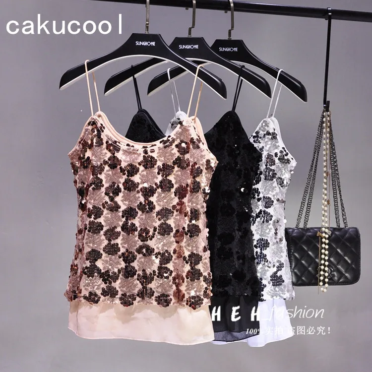 Женские шифоновые топики Cakucool тонкие блестящие на тонких бретельках с цветочным