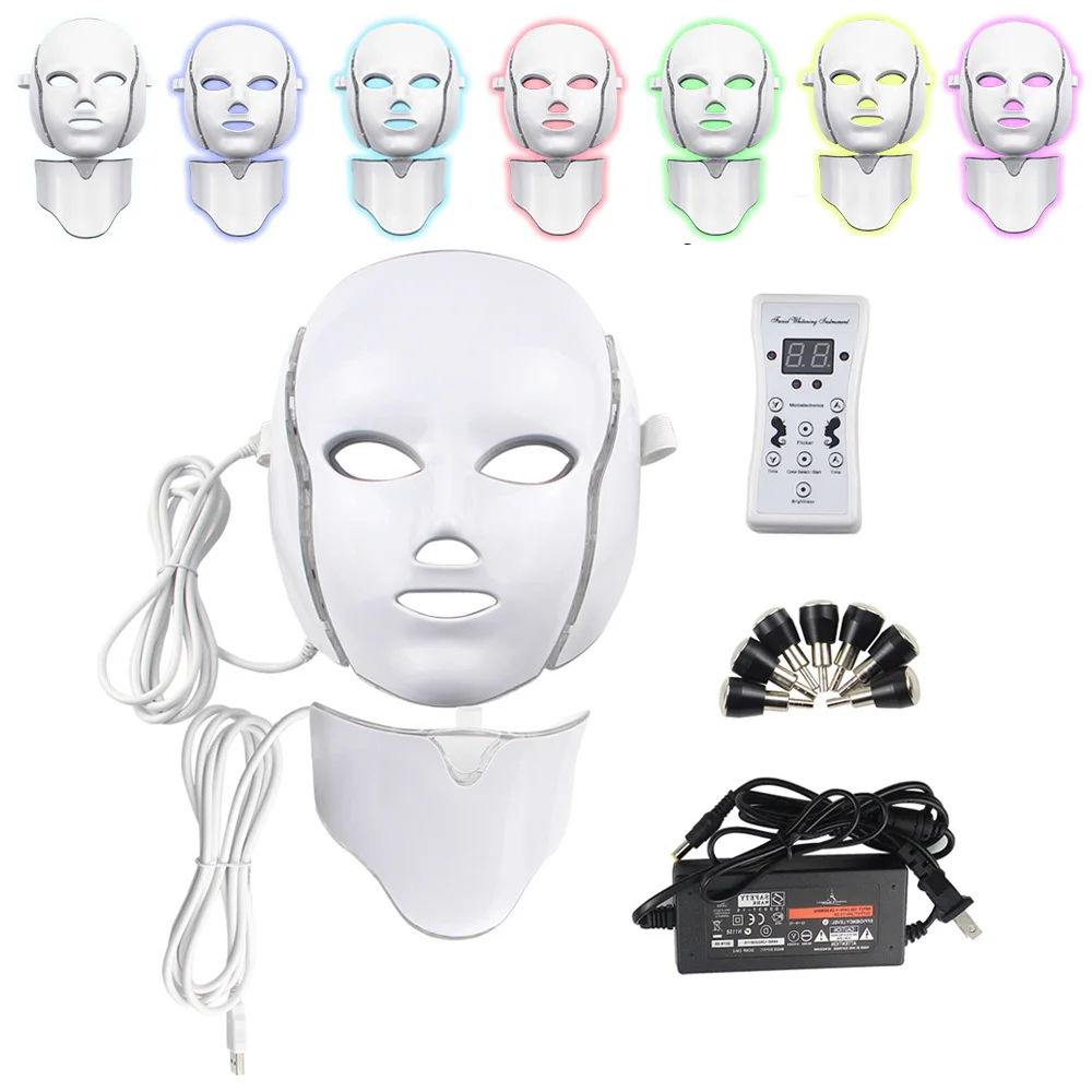 With Neck air box 2 типа, 7 цветов, электрическая светодиодная маска для лица, маска для лица, машинный светильник, терапия, маска от акне, маска для красоты шеи, светодиодная маска для фотонной терапии - Цвет: With Neck air box
