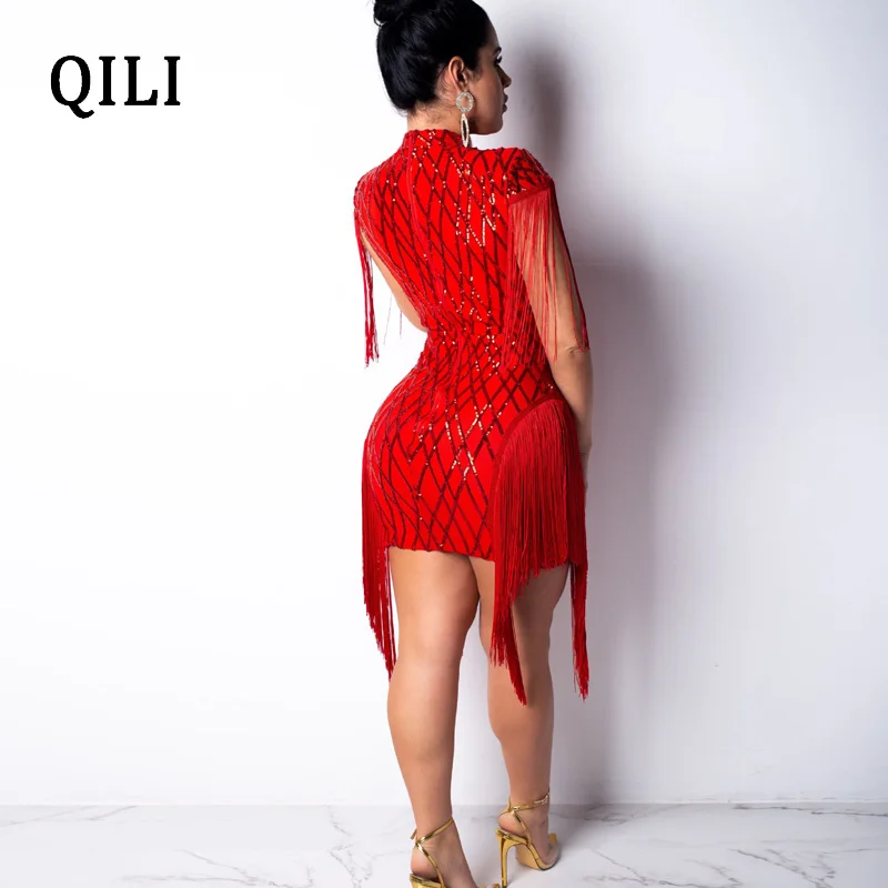 QILI 2019 новое платье с блестками и бахромой красные черные Хаки сетчатые Лоскутные