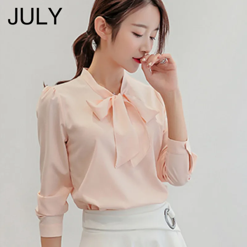 Женская блузка с длинным рукавом JULY белая из шифона бантом для отдыха на весну и