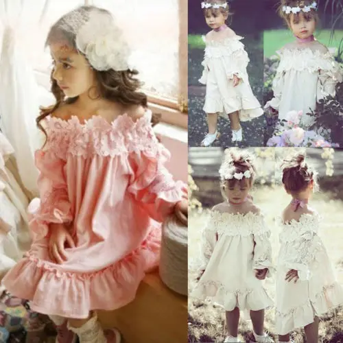 New Kid Baby Girl Lace Dress Ruffled Off Shoulder Latern Long Sleeve Pageant Princess Party Children Summer Sundress |
