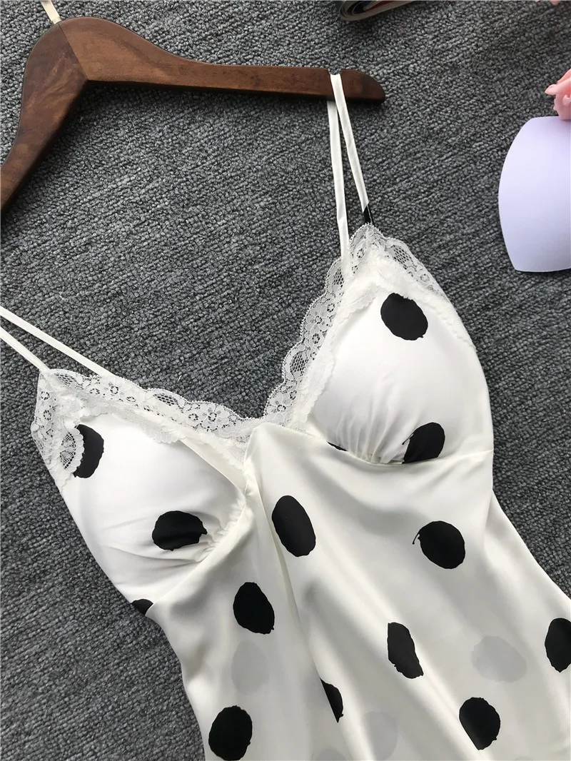 Printing Polka Dot Spaghetti Strap With Chest Pad Women Pajamas V-Neck Sexy Lace Female Lingerie