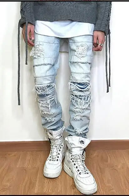 

M-XXL!!! 2018 Tide hole in jeans Tide male personality torn light color cowboy pants