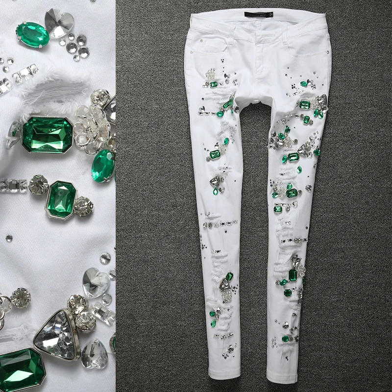 

spring autumn new fashion green diamonds women denim pants high quality skinny Pencil jeans