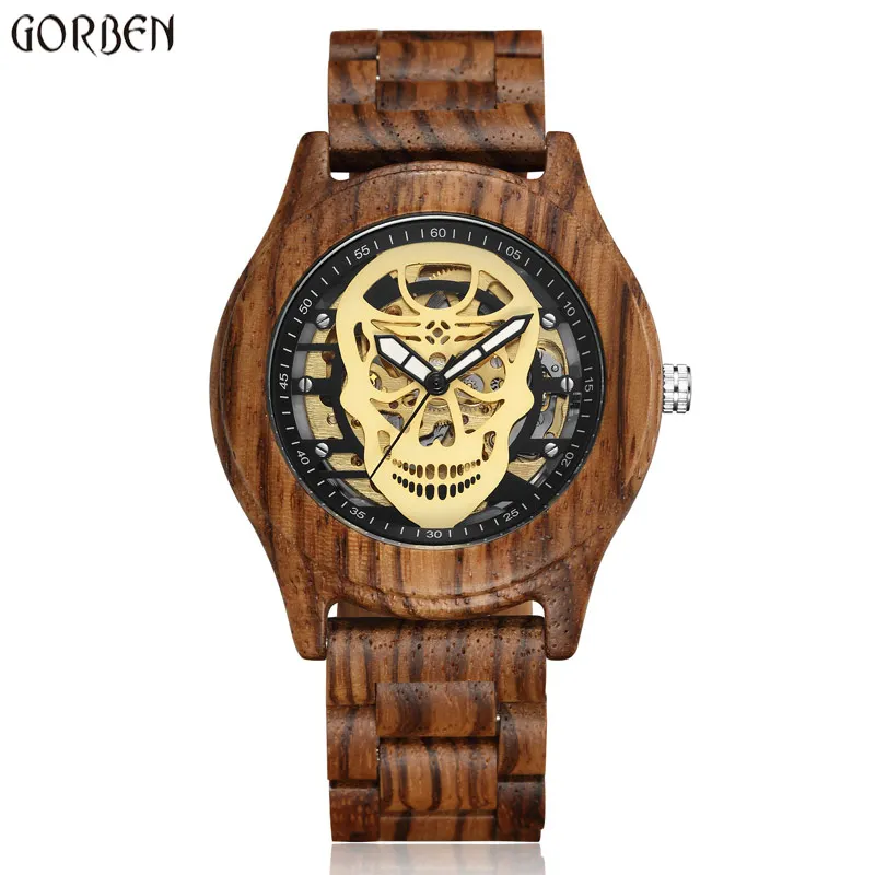 2018 модные механические часы для мужчин полный Деревянный Череп полый циферблат