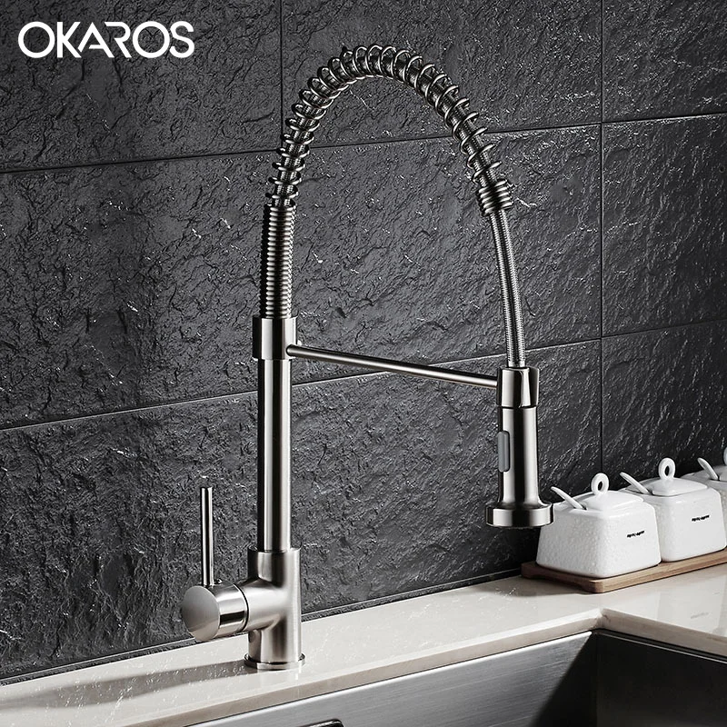 Выдвижной кухонный кран OKAROS латунный никель матовый вращение 360 градусов одна
