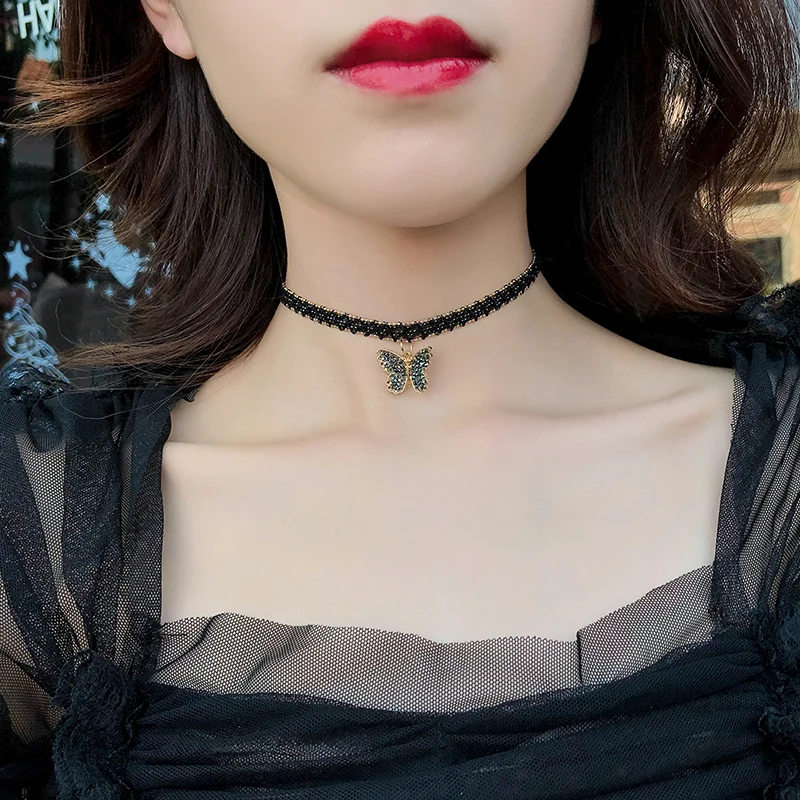 Butterfly Pendant Necklace Animal Jewelry Black Velvet Fashion Vintage Short Women Gifts For her | Украшения и аксессуары