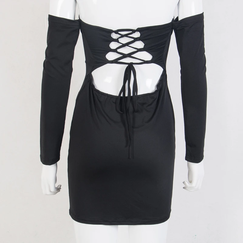 

New early autumn fashion Women sexy bandage bodycon mini dress Long Sleeve strapless Hollow out backless solid pencil dress
