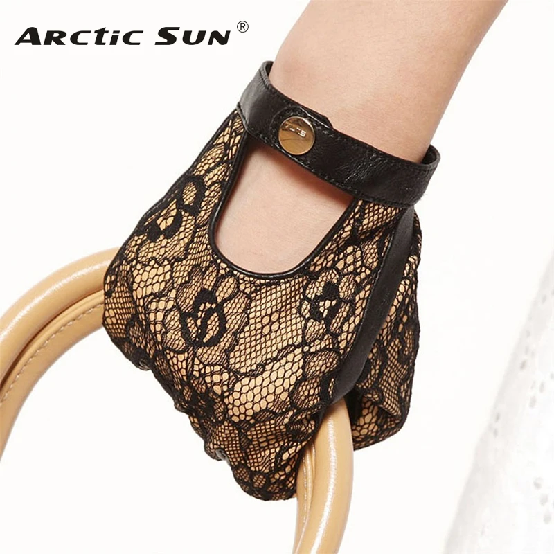 

Brand Genuine Leather Gloves High Quality Women Sheepskin Glove Fashion Trend Black Lace Driving Leather Gloves EL030NN