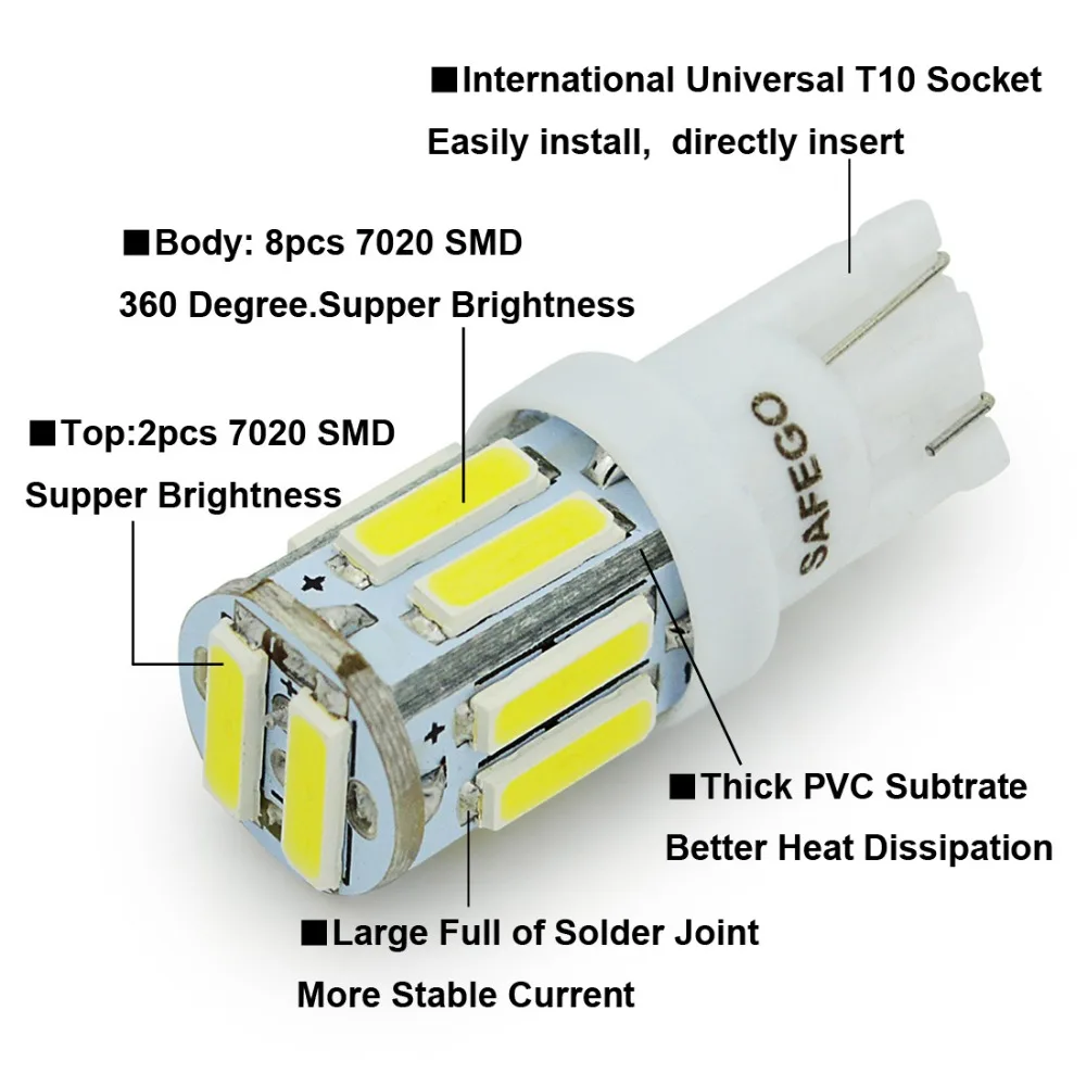 Safego 4x T10 W5W светодиодные лампы 10 7020 SMD 194 168 2825 Сменные на танкетке белый сигнальный