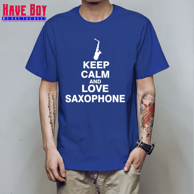 У мальчика Для мужчин футболка новые саксофон хлопок короткий рукав Keep Calm And Love