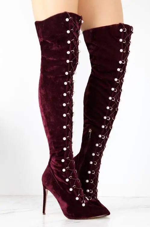 Kopen Lente Hot Roze Fluwelen Vrouwen Lace Up Over De Knie Laarzen Elegante Parel Rom Dames Sexy Hoge Hak Laarzen Mode Stretch Laarzen