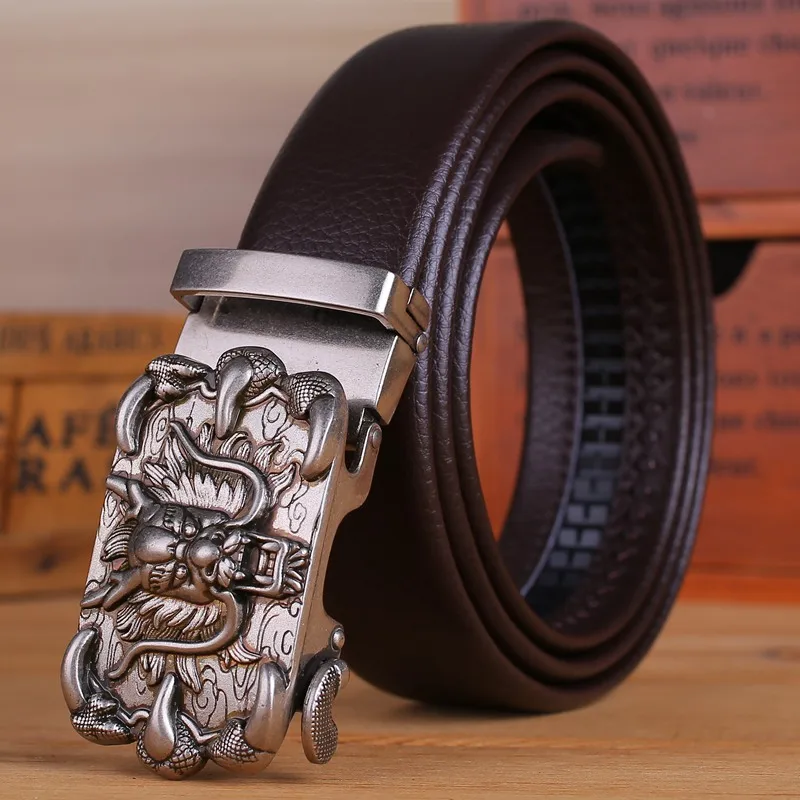 silver dragon king Мужские ремни из микрофибры коричневого цвета и кожи кофейного цвета, роскошный золотой дракон, автоматическая пряжка, длинные, большого размера плюс, 150 см, 140, 160, китайский стиль - Цвет: silver dragon king