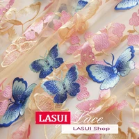 lasui 1yard1 lot pretty pink mix blue flower butterfly perspective soft mesh embroidery lace fabric for diy dress x0354