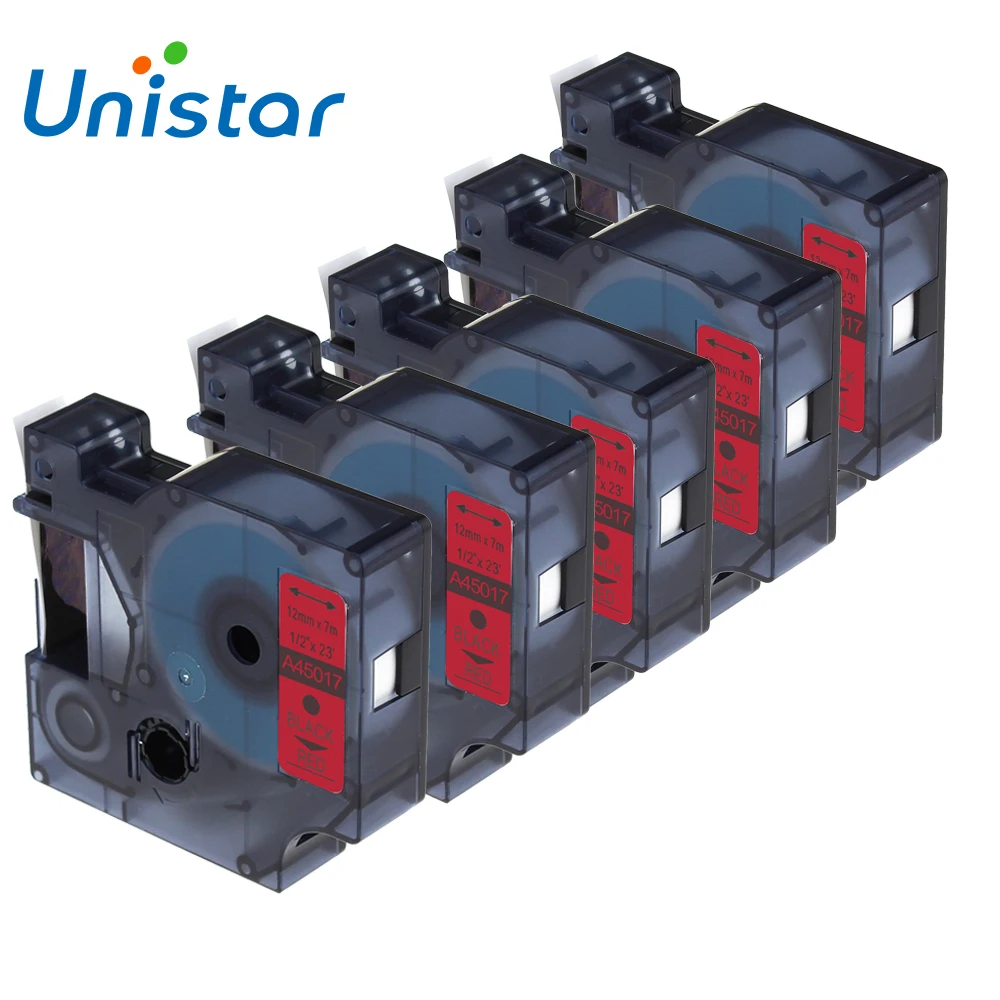 

UNISTAR 5 PCS Compatible for Dymo for D1 Label Manager 12mm Black On Red 45017 Label Tape Cartridges For Dymo Label Printer