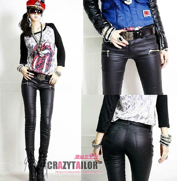 New Female Feet Tight Low-cut Black Leather Pants Women's Fashion Sexy Pocket Decoration Leisure Trousers