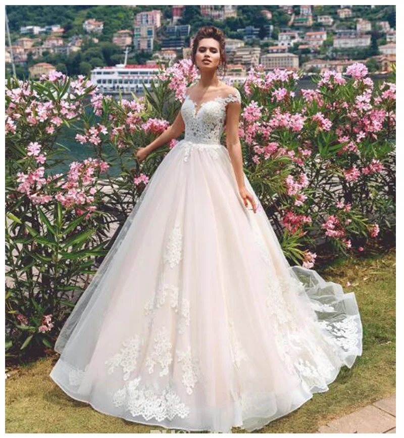 

Sodigne See Through Neck Wedding Dress 2019 Appliqued Lace Floor Length bridal gown dress White Ivory Ball Gown Wedding Dress