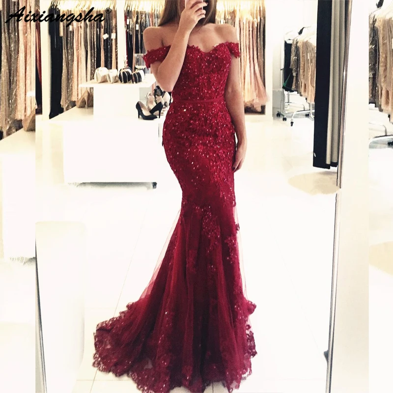 

Sexy Red Prom Dresses Long Off-the-shoulder Trumpet/Mermaid Lace Applique Prom Dress/Evening Dress