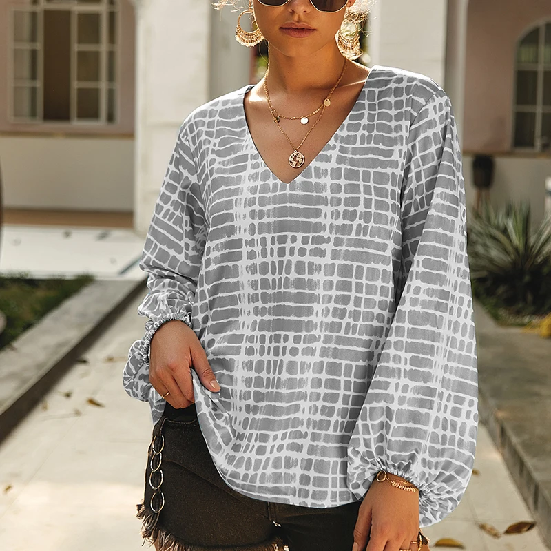 Women Tops Blouse Loose Casual Fashion Office Baggy Boho Plus size Tee Party V Neck Long Sleeves Shirt Printed |