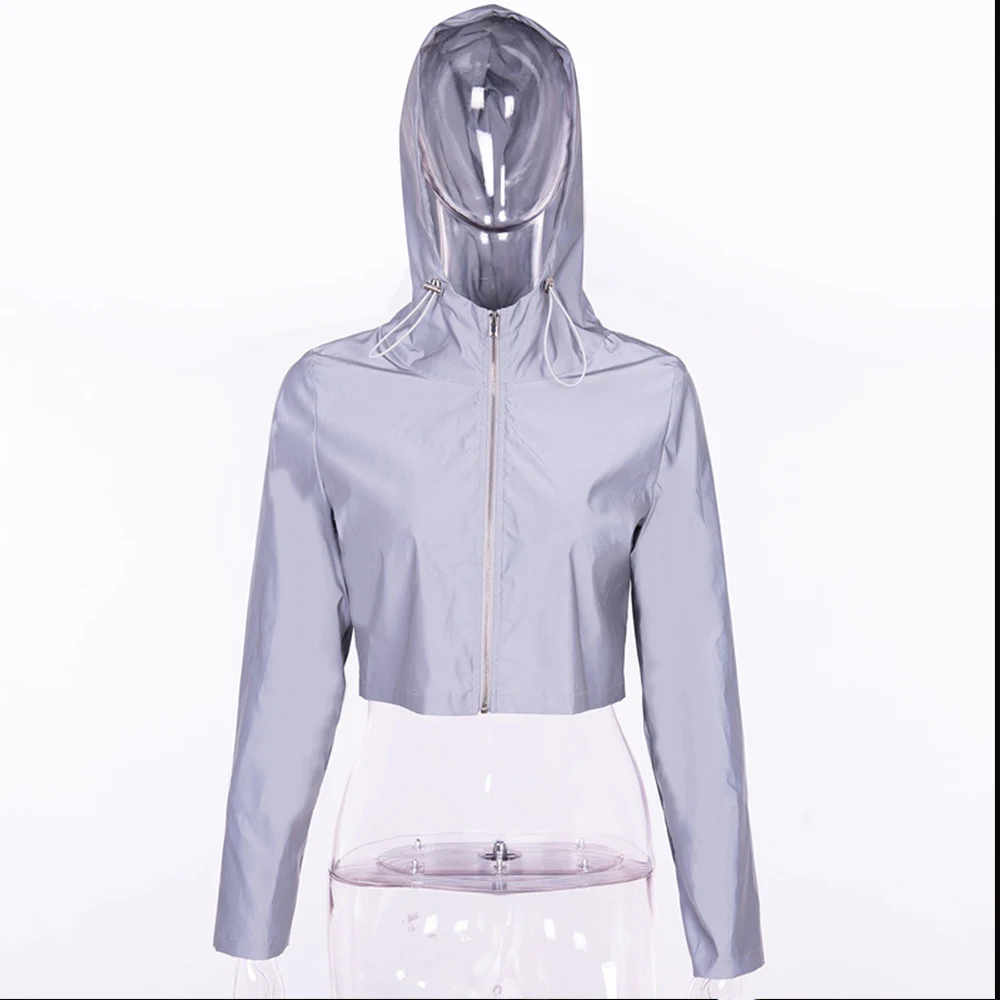 Fashion Women Reflective Turn-down Collar Buckle Drawstring Jackets Long Sleeve Cropped Coat Ladies Basic Jacket Suit | Женская одежда
