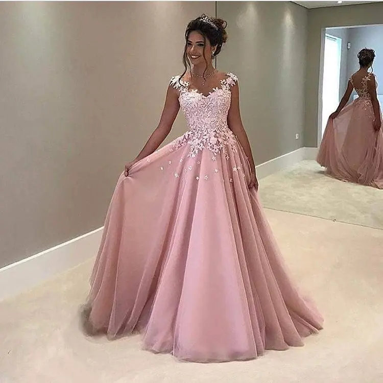 2017 Розовый Длинные Кружева Пром Dress A Line Cap Рукавом Белого Аппликации Тюль