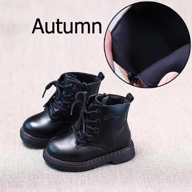 Autumn Black Г. Осенне-зимние ботинки унисекс из искусственной кожи для мальчиков и девочек Детские Ботинки martin на шнуровке, на молнии, коричневого и черного цвета размеры 21-30 - Цвет: Autumn Black