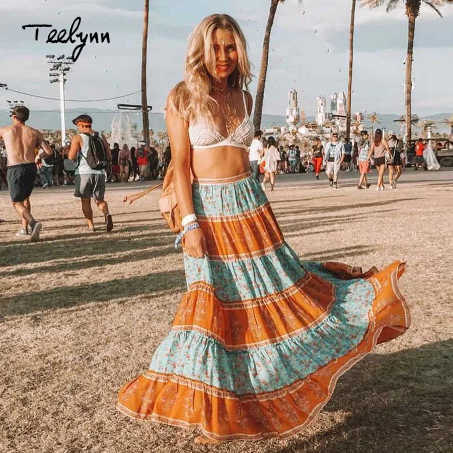 TEELYNN boho skirt 2018 autumn Rayon blue floral print large swing women beach wear Casual Hippie a-line long skirts falda | Женская