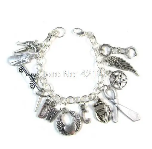 

12pcs Supernatural inspired bracelet Dean Winchester style Charm Bracelet silver tone Destiel Charms bracelet