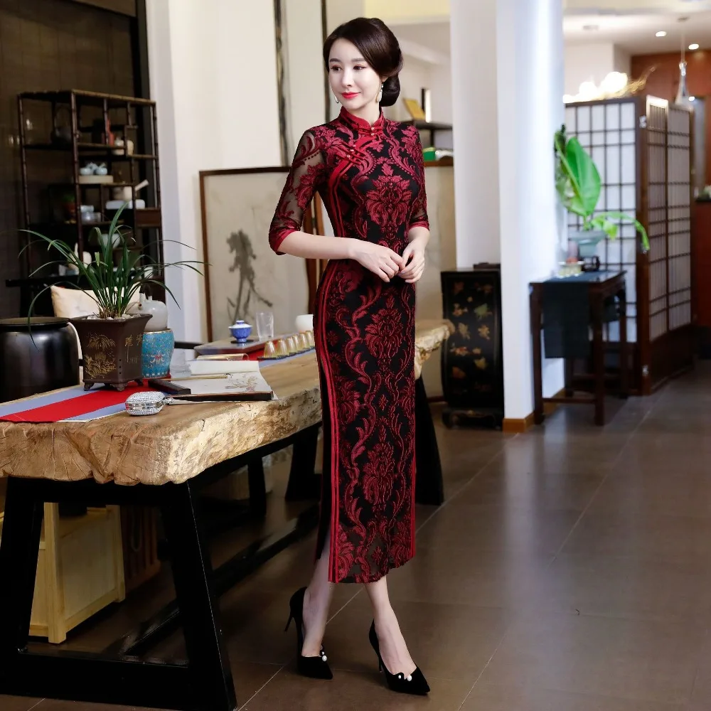 Черное кружевное китайское свадебное платье для женщин Cheongsam тонкое китайское традиционное платье женское длинное платье Ципао для свадебной вечеринки