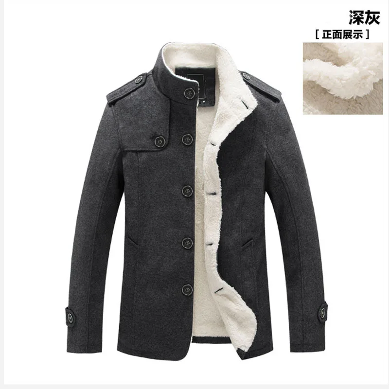 Dark Grey Мужская куртка со стоячим воротником, шерстяное однобортное пальто с флисовой подкладкой, верхняя одежда - Цвет: Dark Grey