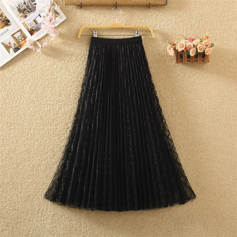2019 spring Summer Tulle Skirt Women pleated tutu skirt beading A-line mesh midi female Two layers long elegant | Женская одежда