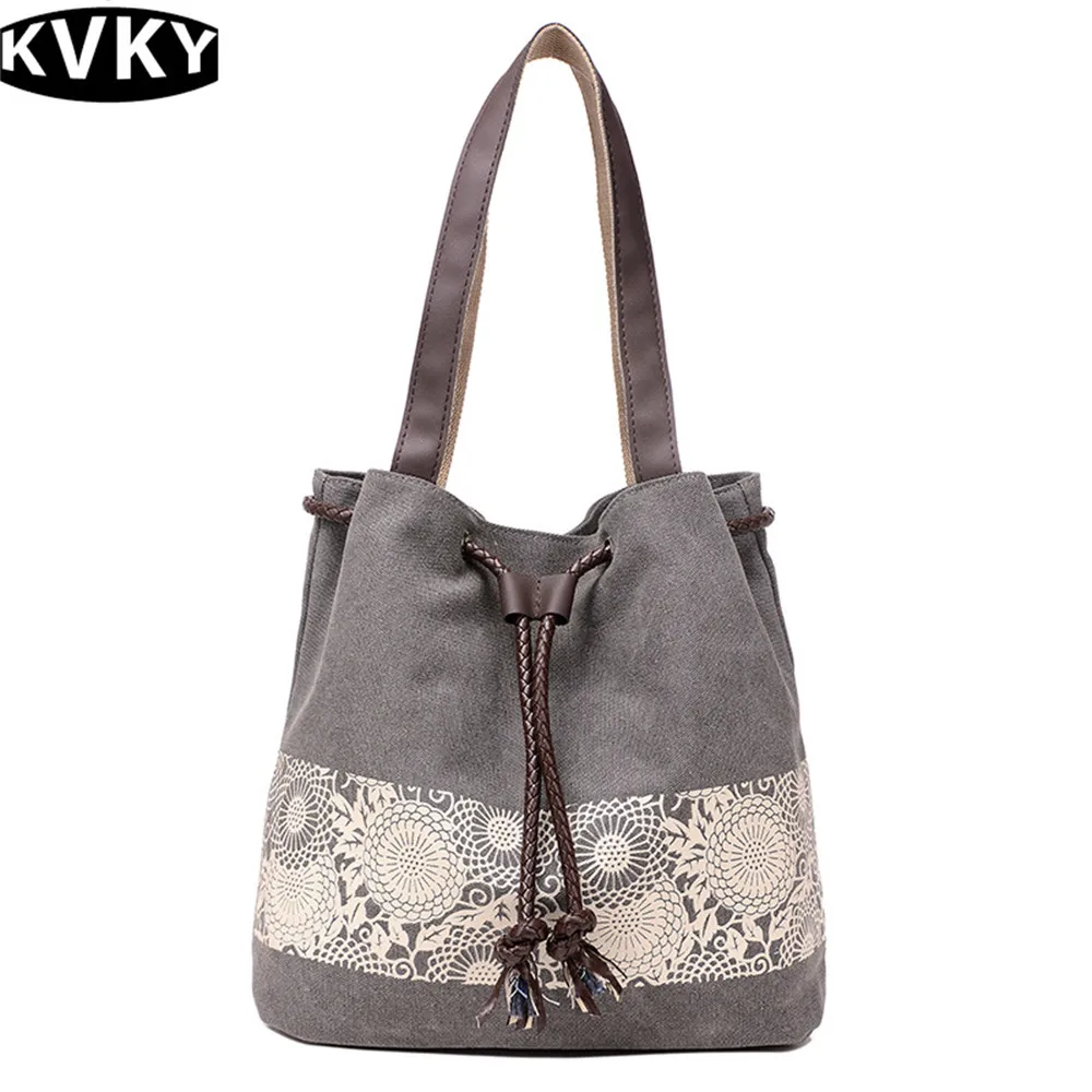 

KVKY High Quality Women shoulder bags Famous Brands Luxury Designer Women's Lace Printing MS handbags Canvas Vintage tote bag