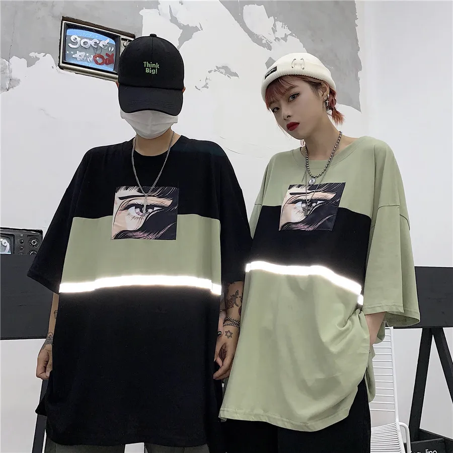 CheerSolo Harajuku негабаритная Футболка женская светоотражающий летний топ мультфильм аниме футболка Черная зеленая футболка Японская уличная одежда