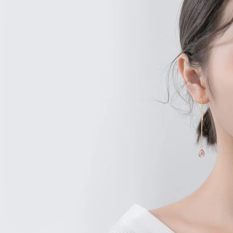 

TOYOOSKY 925 Sterling Silver Water Drop Ear Line Female Temperament Sweet Colorful Earrings Personality Ear Jewelry