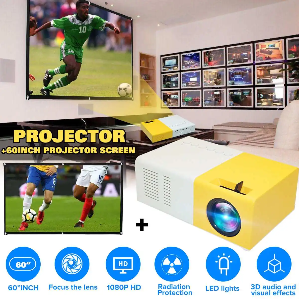 Projector and Screen 1080P Портативный проектор светодиодный на тонкопленочных транзисторах на тонкоплёночных транзисторах ЖК-дисплей Proyector Поддержка AV USB SD карты HDMI 23 языков+ 4:3 60 дюймов проектор Экран дома Театр - Цвет: Projector and Screen