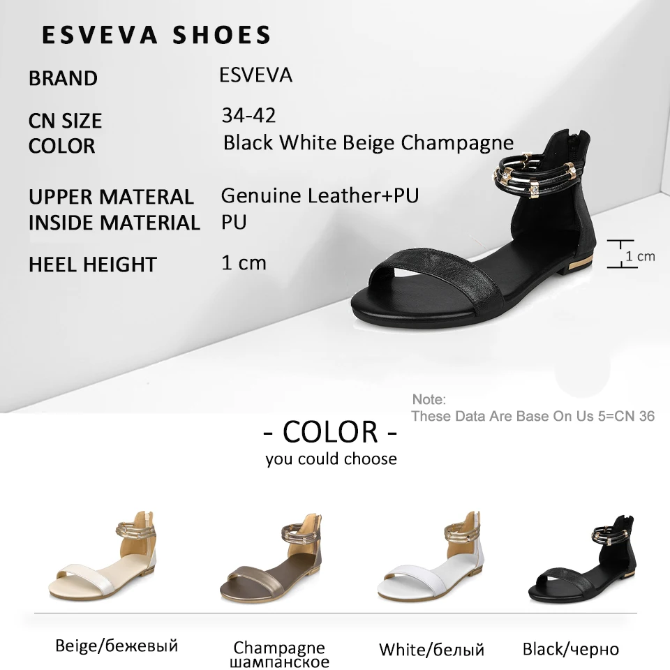 

ESVEVA 2018 Women Sandals Casual Summer Shoes Cow Leather PU Simple Style Zippers Black Sandals Low Heel Women Shoes Size 34-43