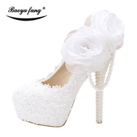 baoyafang white flower women wedding shoes bride party dress shoes woman high heel platform shoes ladies handmade lace shoe